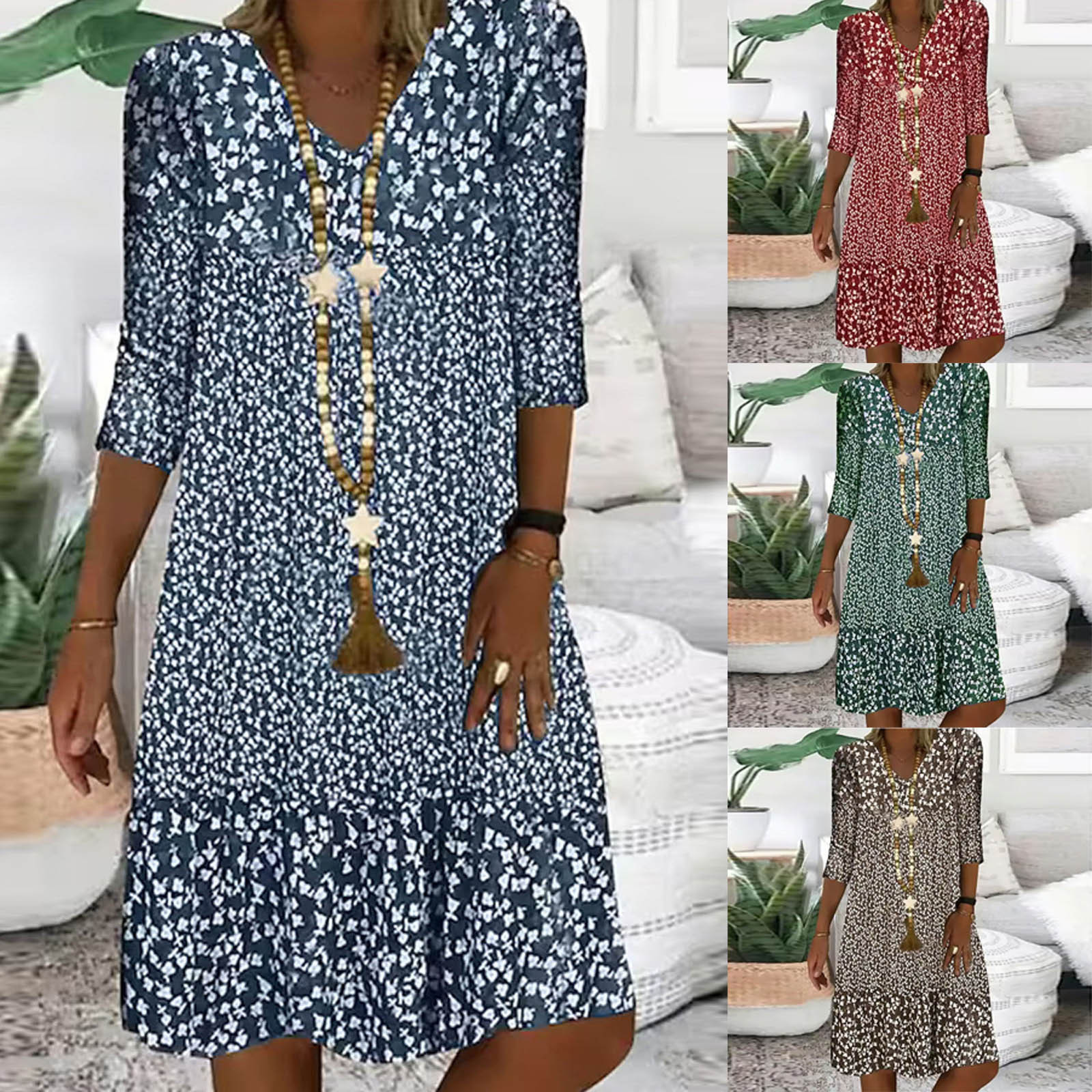 Isvgxsz Summer Dresses for Women 2024 Fashion Women Summer Casual V-Neck Print 3/4 Sleeve Fold Mini Dress Breathable Blue